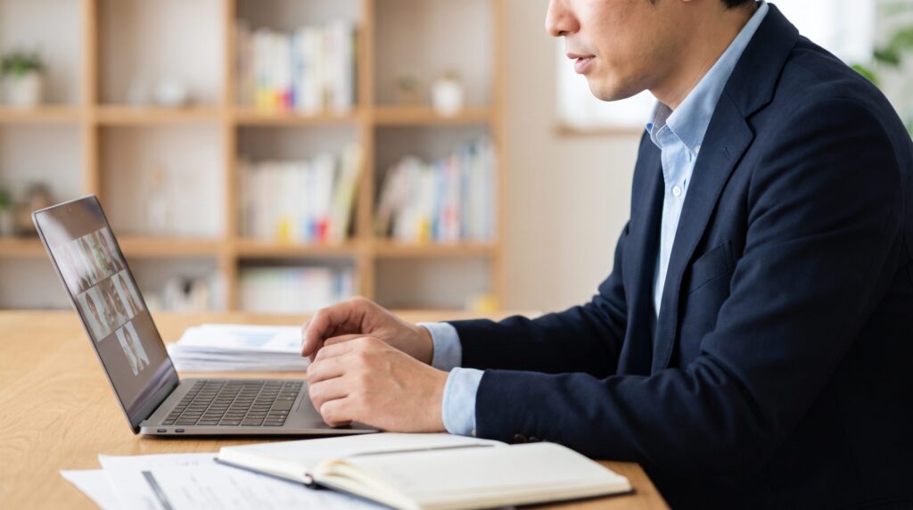 社外CxO候補の男性がオンラインで初回面談を受けているイメージ